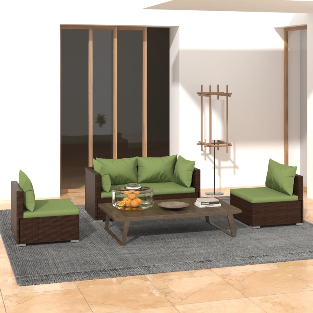 vidaXL Salon de jardin 4 pcs avec coussins résine tressée marron