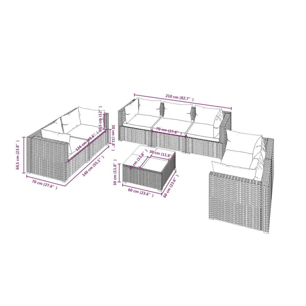 vidaXL Salon de jardin 8 pcs avec coussins résine tressée Gris