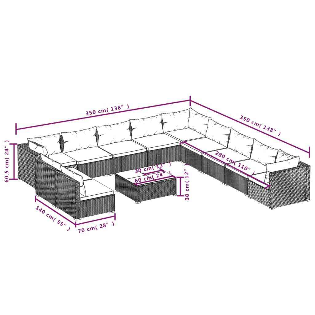 vidaXL 12-tlg. Garten-Lounge-Set mit Kissen Grau Poly Rattan