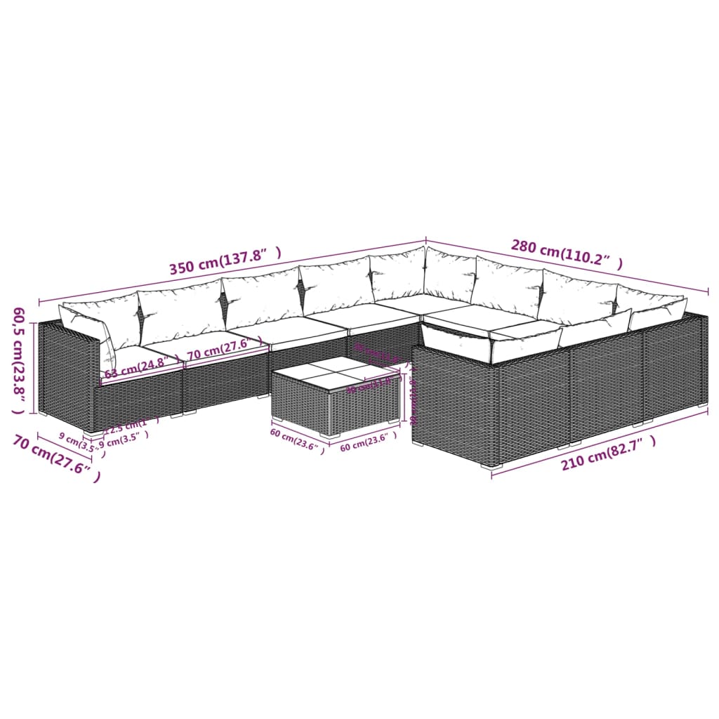 vidaXL 11-tlg. Garten-Lounge-Set mit Kissen Poly Rattan Grau