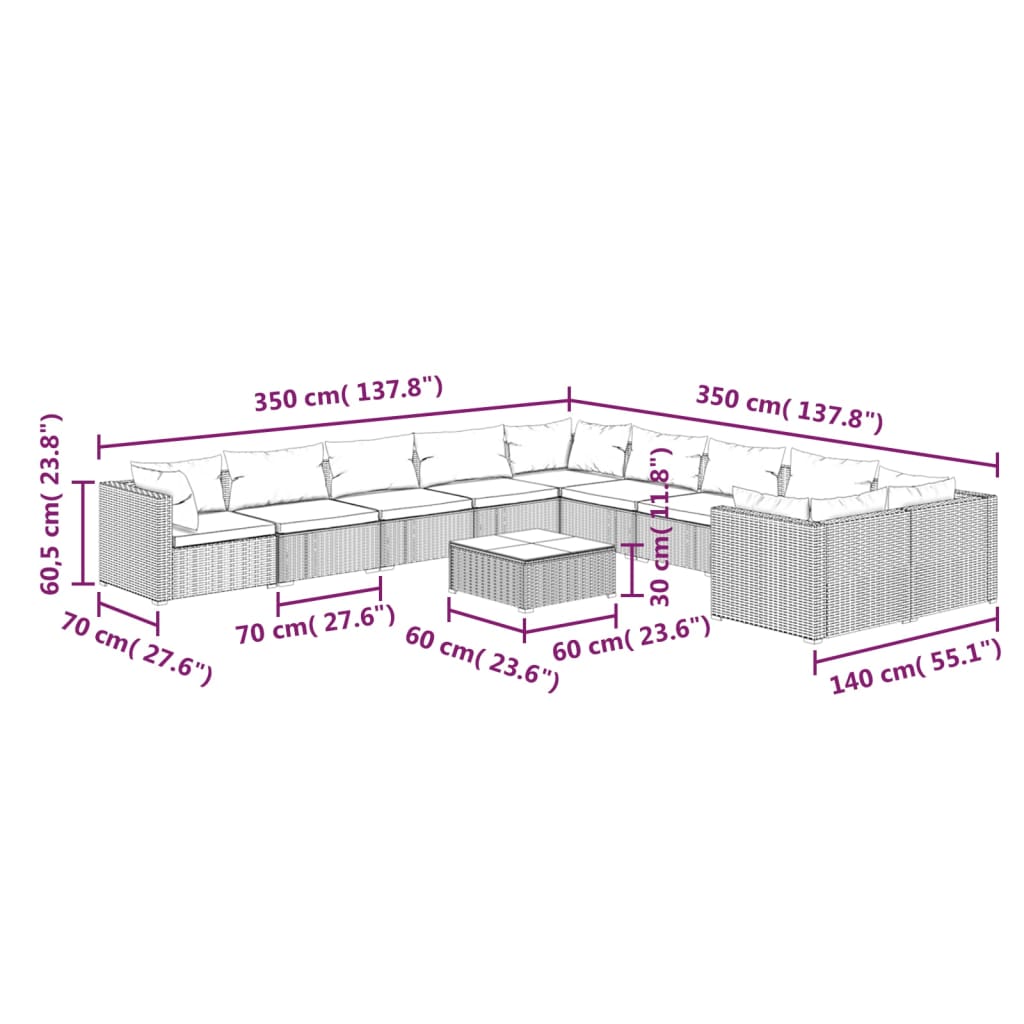 vidaXL Salon de jardin 11 pcs avec coussins résine tressée gris