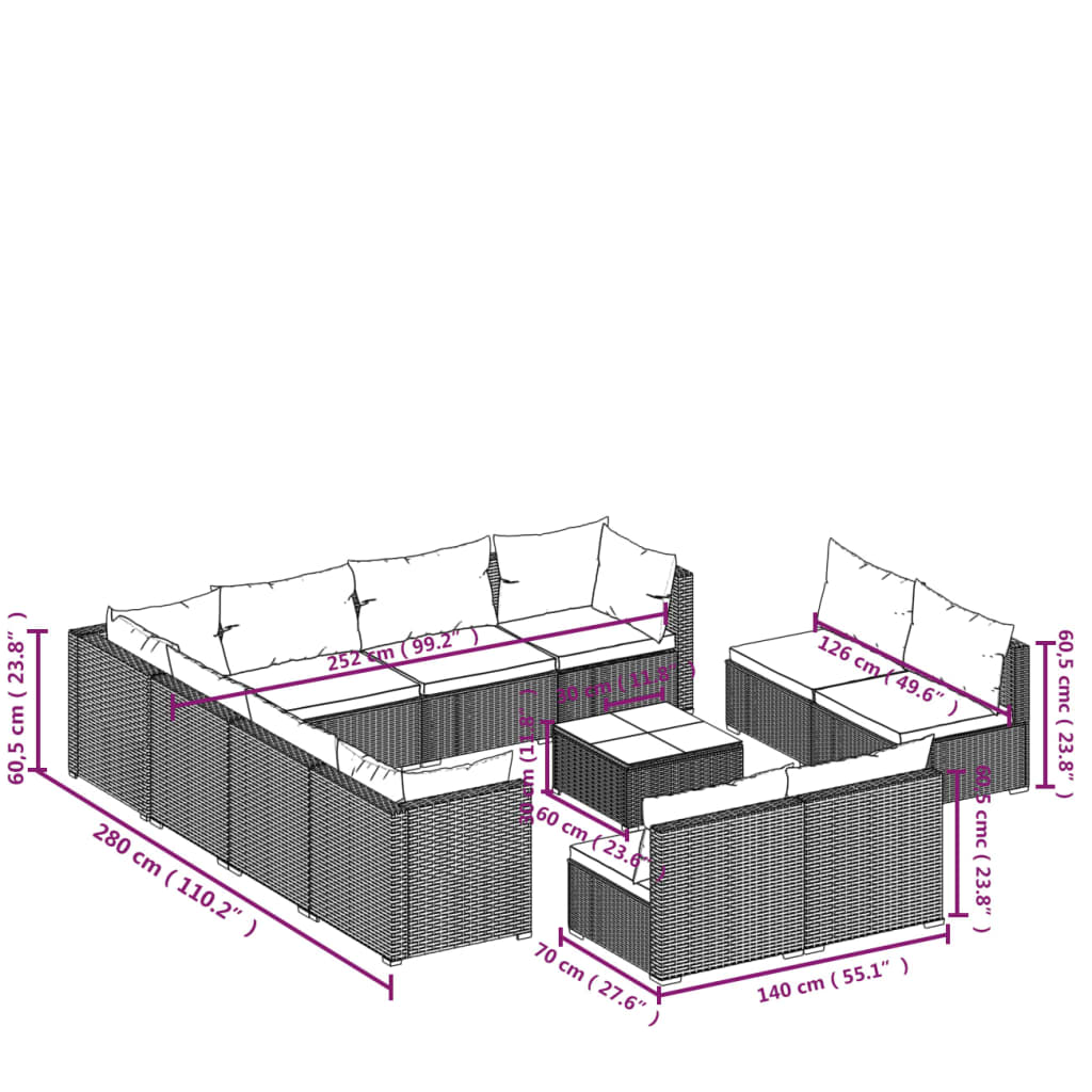 vidaXL 12-tlg. Garten-Lounge-Set mit Kissen Grau Poly Rattan