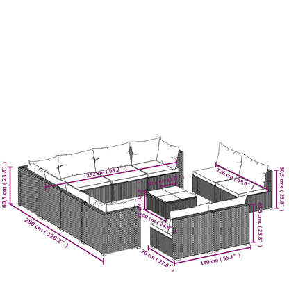 vidaXL 12-tlg. Garten-Lounge-Set mit Kissen Grau Poly Rattan