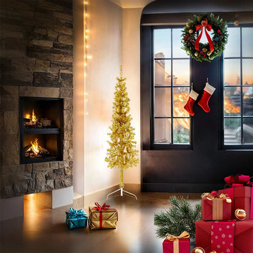 vidaXL Künstlicher Halb-Weihnachtsbaum mit Ständer Schlank Gold 150 cm