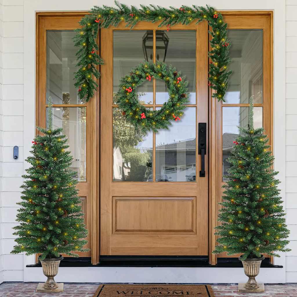 vidaXL Sapins de Noël artificiels 2 pcs avec couronne, guirlande et LED