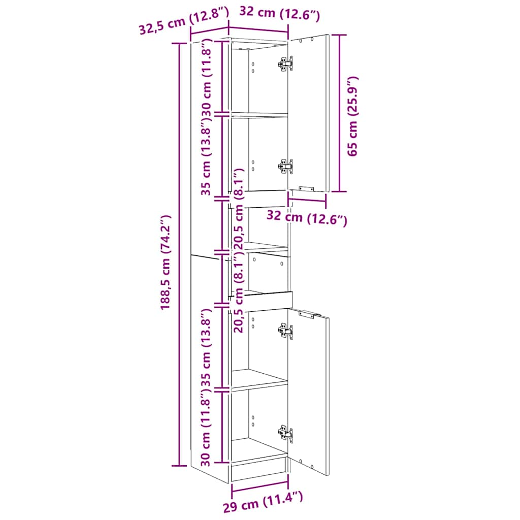 vidaXL Badschrank Weiß 32x34x188,5 cm Holzwerkstoff
