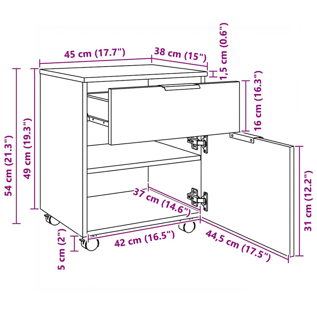 vidaXL Mobiler Aktenschrank mit Rollen Sonoma-Eiche 45x38x54 cm