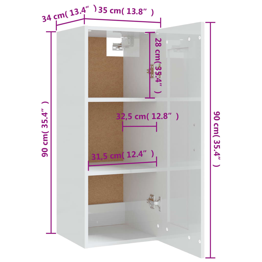 vidaXL Armoire murale blanc brillant 35x34x90 cm Aggloméré