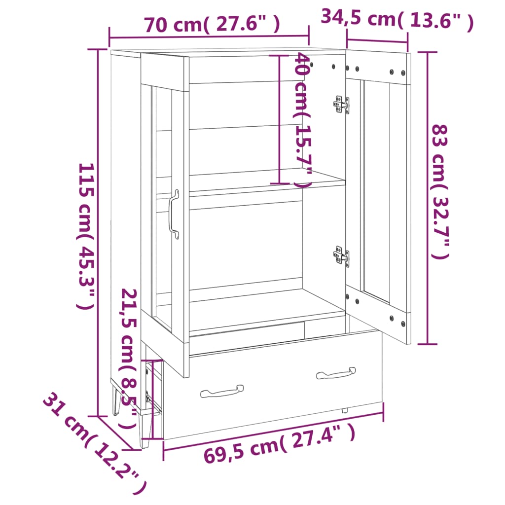 vidaXL Highboard gris béton 70x31x115 cm bois d'ingénierie