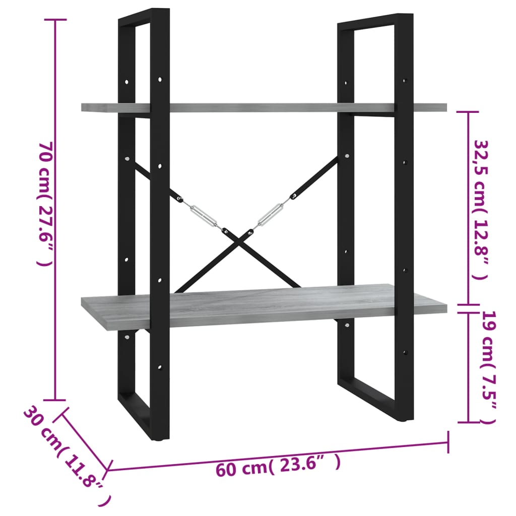 vidaXL Bücherregal 2 Fächer Grau Sonoma 60x30x70 cm Holzwerkstoff