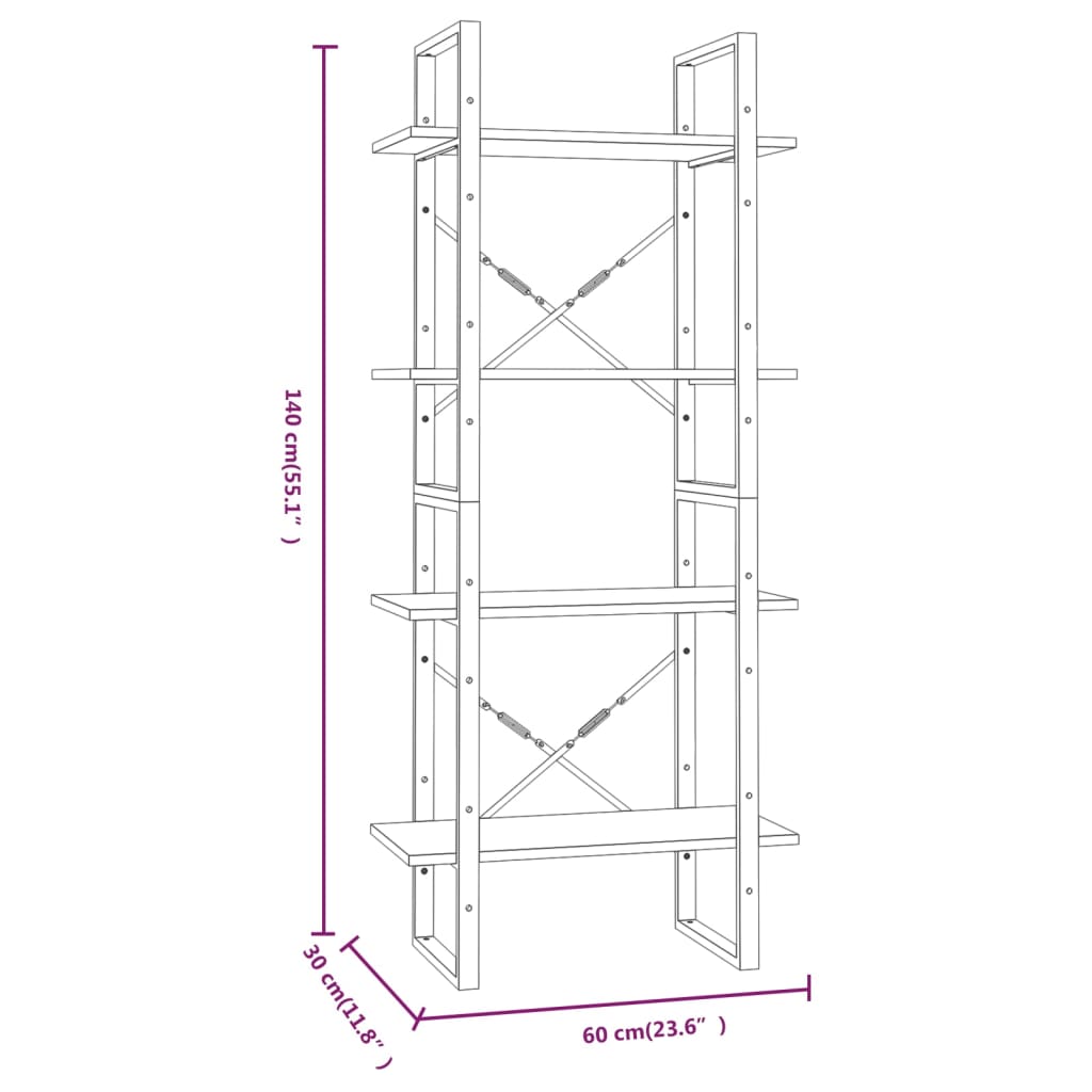 vidaXL Bücherregal 4 Fächer Grau Sonoma 60x30x140 cm Holzwerkstoff
