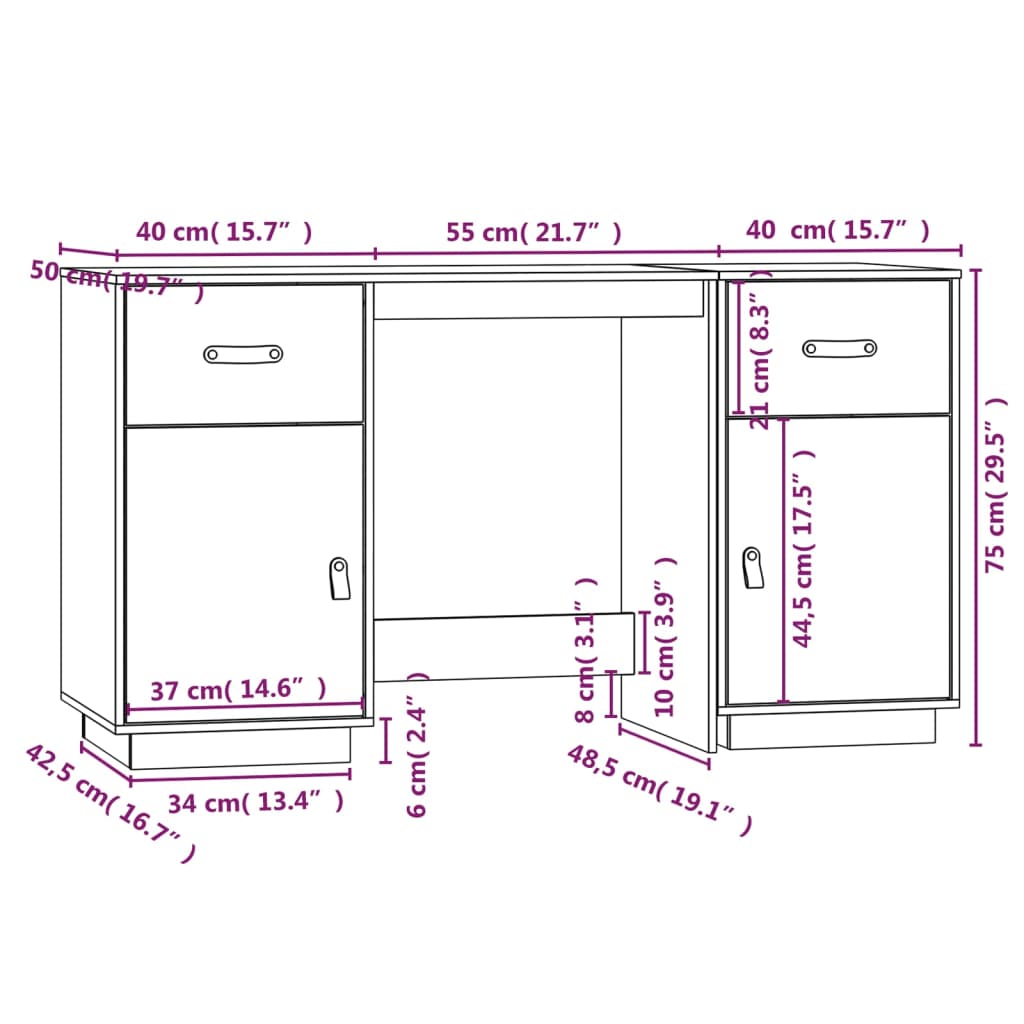 vidaXL Bureau avec armoires 135x50x75 cm Bois de pin massif