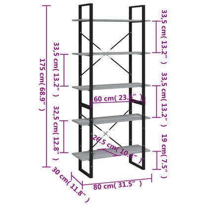 vidaXL Bücherregal 5 Fächer Grau Sonoma-Eiche 80x30x175 Holzwerkstoff