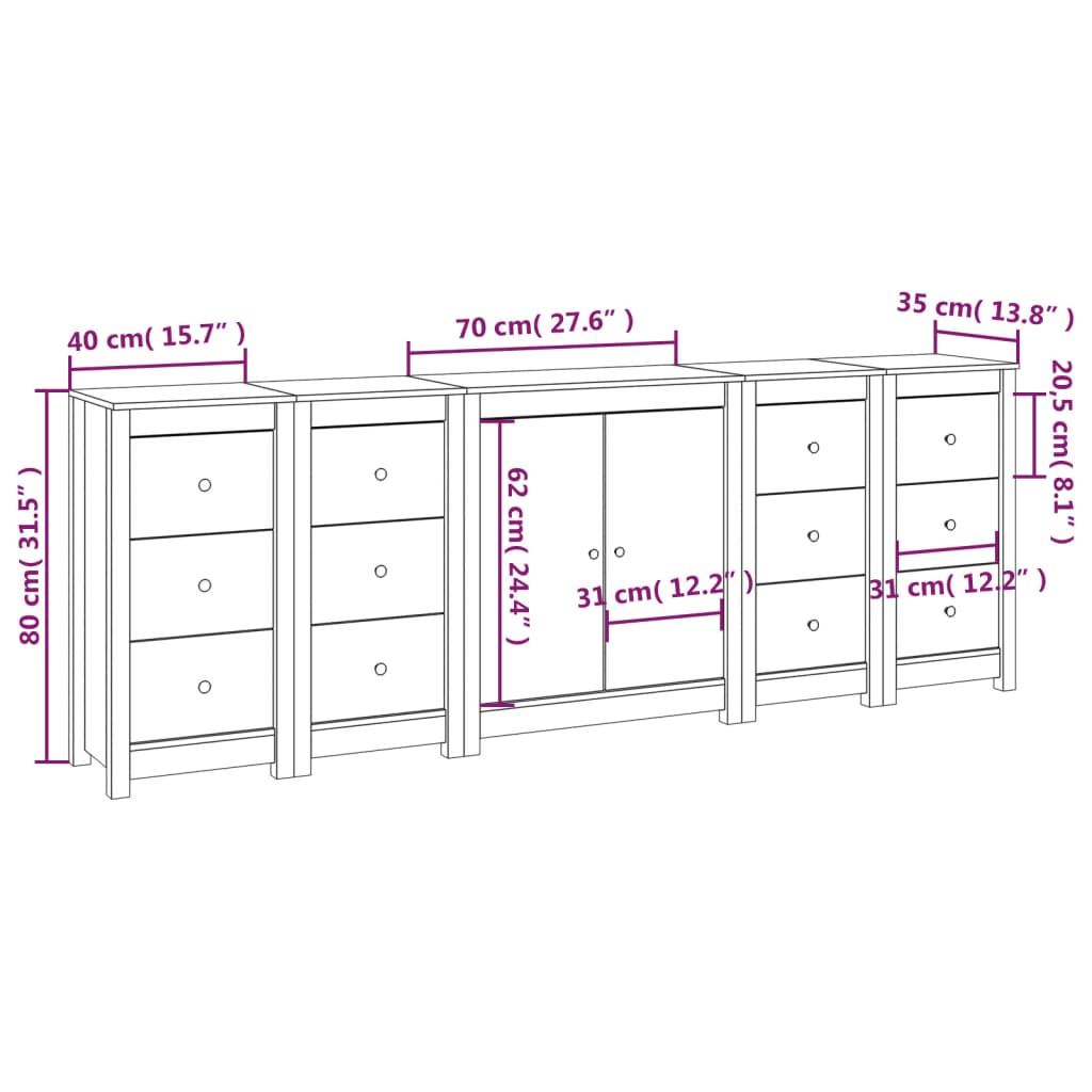vidaXL Buffet noir 230x35x80 cm Bois de pin massif