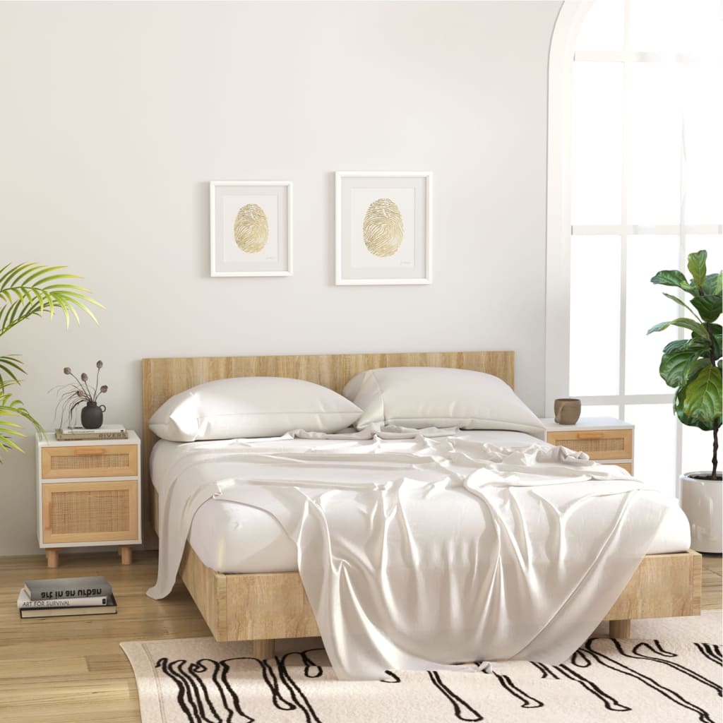 vidaXL Tables de chevet 2 pcs Blanc Bois de pin massif et rotin naturel
