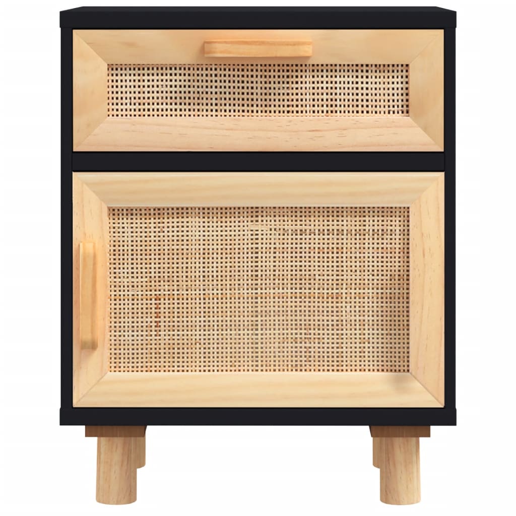 vidaXL Table de chevet Noir Bois de pin massif et rotin naturel