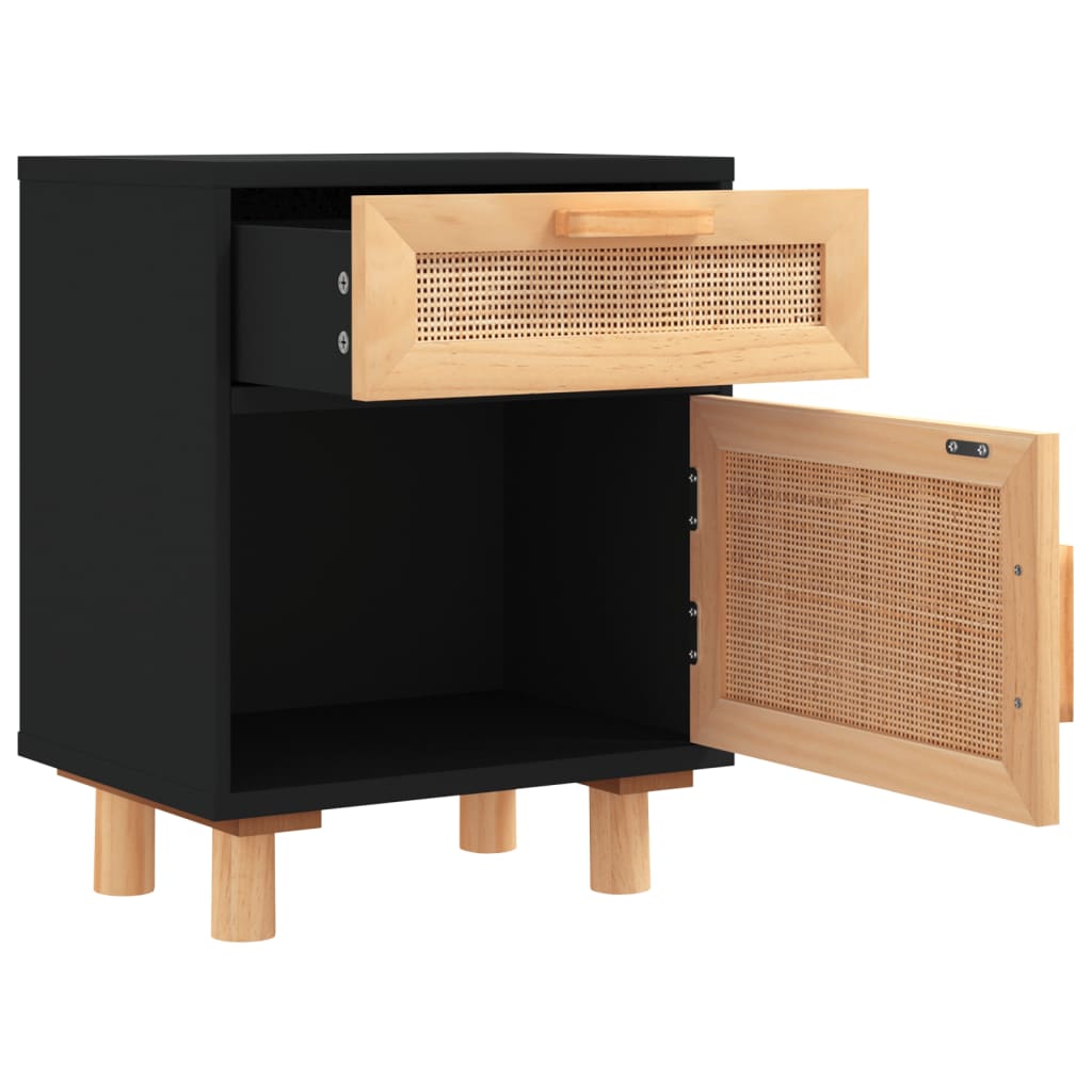 vidaXL Table de chevet Noir Bois de pin massif et rotin naturel