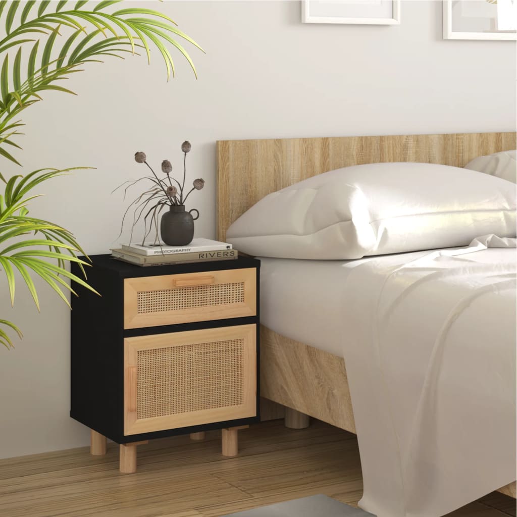 vidaXL Tables de chevet 2 pcs Noir Bois de pin massif et rotin naturel