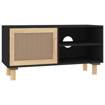 vidaXL Meuble TV Noir 80x30x40 cm Bois massif de pin Rotin naturel