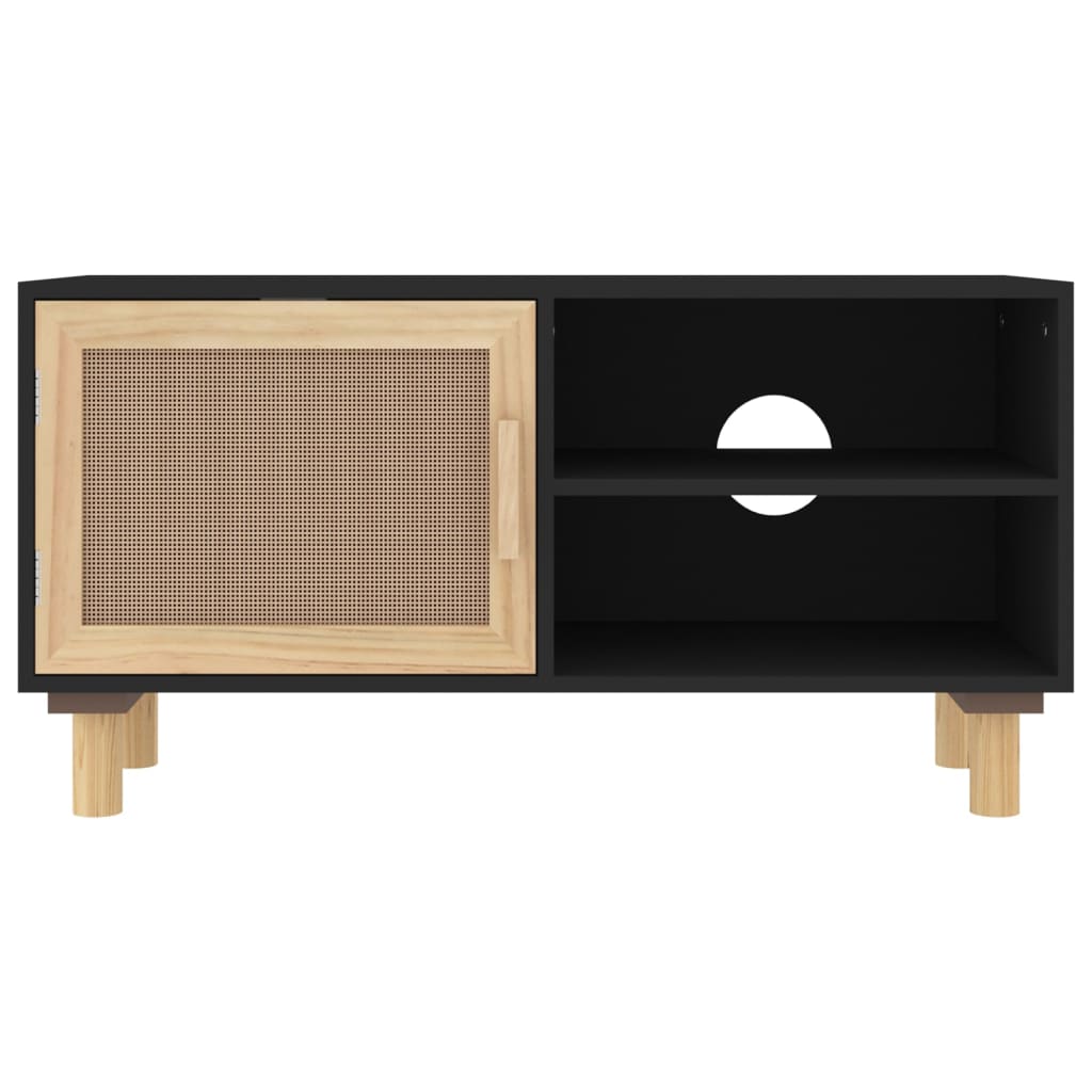 vidaXL Meuble TV Noir 80x30x40 cm Bois massif de pin Rotin naturel
