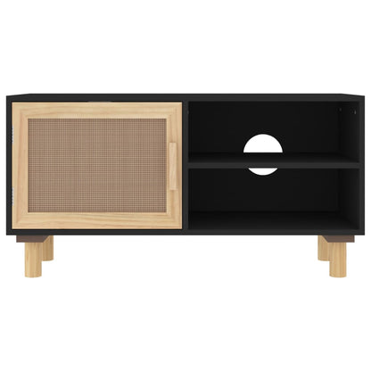 vidaXL Meuble TV Noir 80x30x40 cm Bois massif de pin Rotin naturel