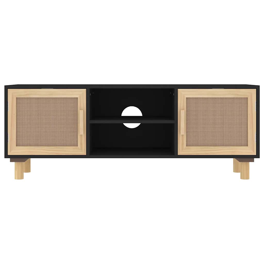 vidaXL TV-Schrank Schwarz 105x30x40 cm Massivholz Kiefer Natur-Rattan