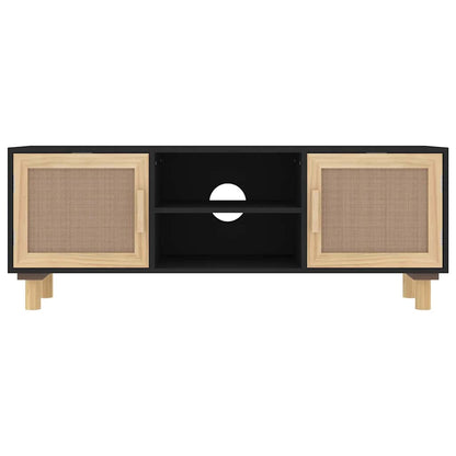 vidaXL TV-Schrank Schwarz 105x30x40 cm Massivholz Kiefer Natur-Rattan