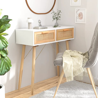 vidaXL Console Blanche 80x30x75 cm Bois de pin massif Rotin naturel