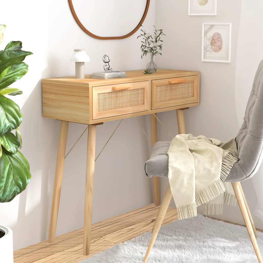 vidaXL Console marron 80x30x75 cm en bois de pin massif et rotin naturel