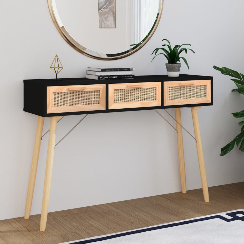 vidaXL Console Noir 105x30x75 cm Bois de manguier massif et rotin naturel
