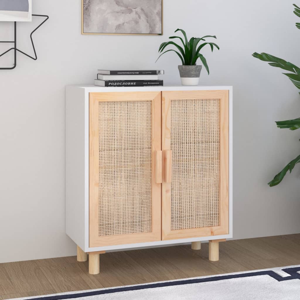 vidaXL Buffet blanc 60x30x70 cm en bois de pin massif et rotin naturel