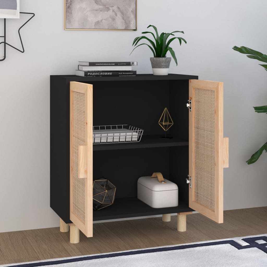 vidaXL Buffet noir 60x30x70 cm Bois de pin massif et rotin naturel