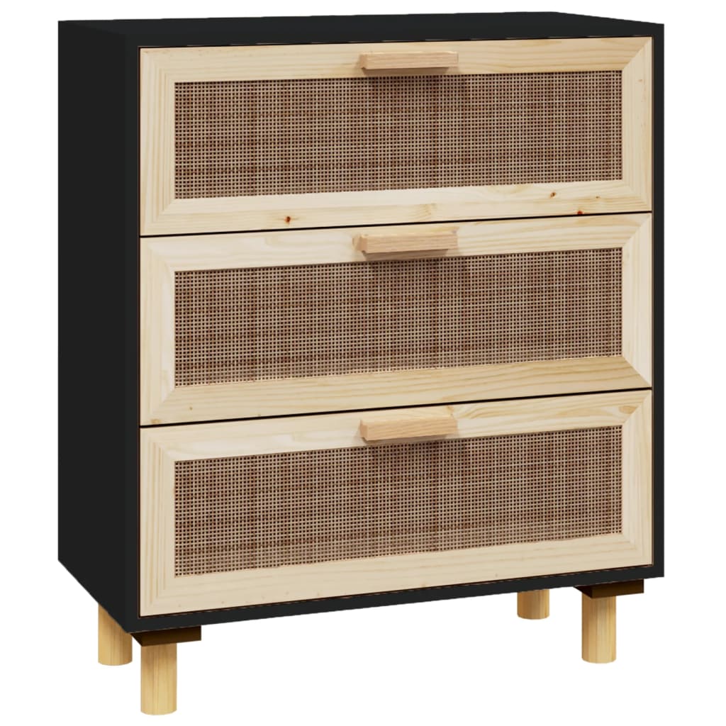 vidaXL Buffet noir 60x30x70 cm Bois de pin massif et rotin naturel
