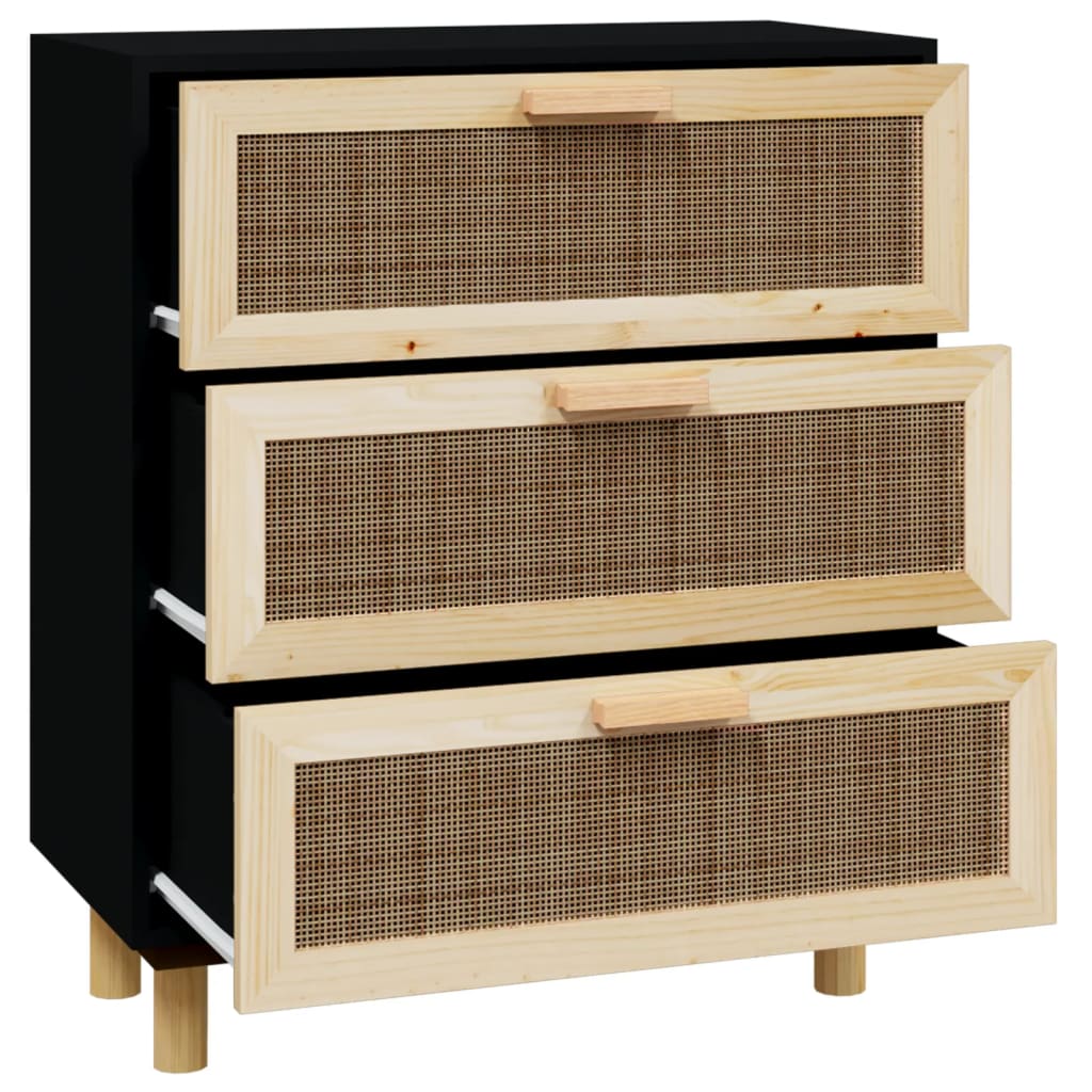 vidaXL Buffet noir 60x30x70 cm Bois de pin massif et rotin naturel