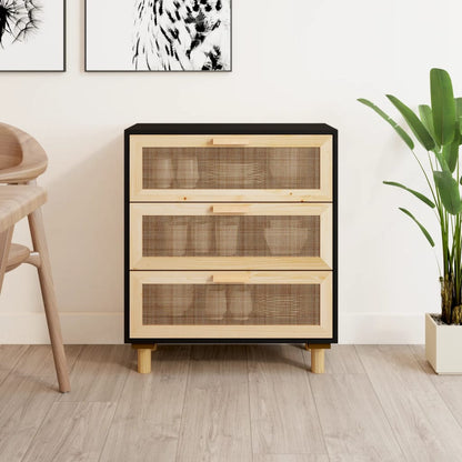 vidaXL Buffet noir 60x30x70 cm Bois de pin massif et rotin naturel