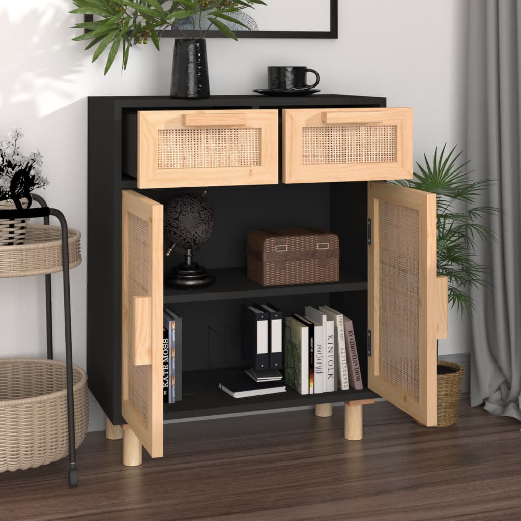 vidaXL Buffet noir 60x30x75cm bois de pin massif et rotin naturel
