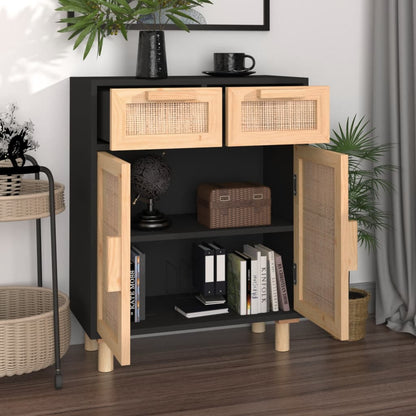 vidaXL Buffet noir 60x30x75cm bois de pin massif et rotin naturel
