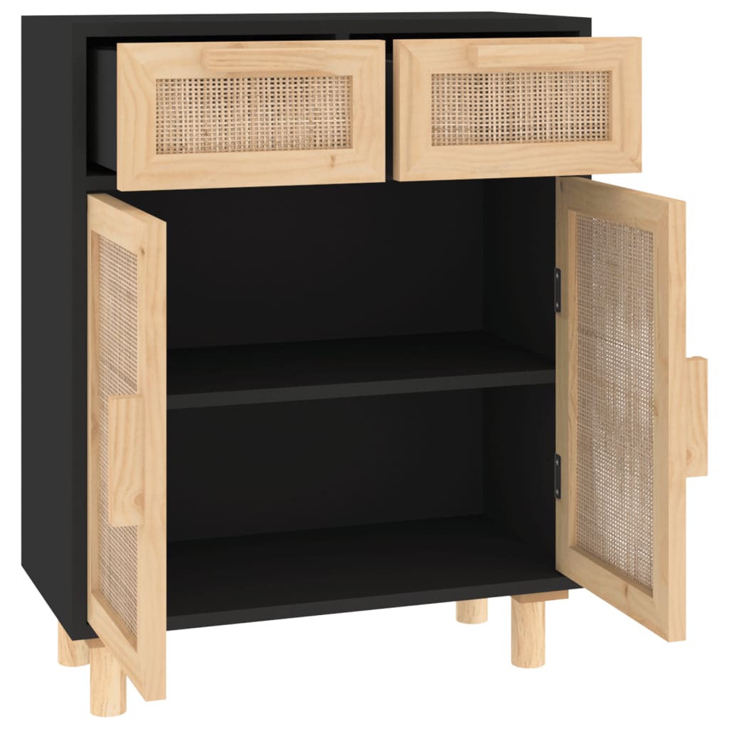 vidaXL Buffet noir 60x30x75cm bois de pin massif et rotin naturel