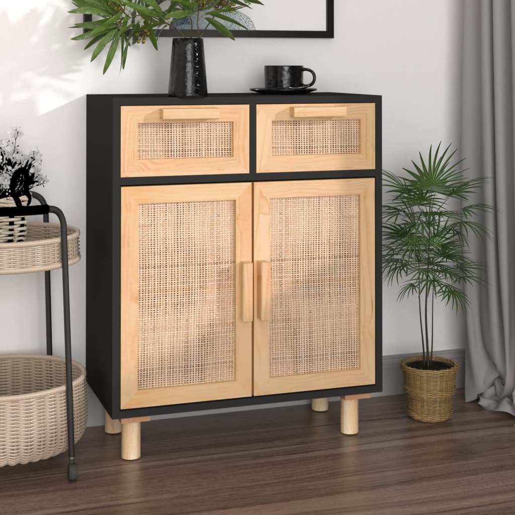 vidaXL Buffet noir 60x30x75cm bois de pin massif et rotin naturel