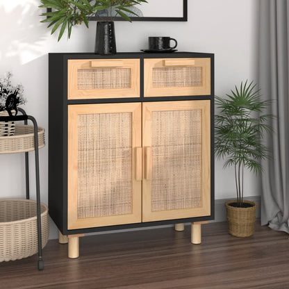 vidaXL Buffet noir 60x30x75cm bois de pin massif et rotin naturel