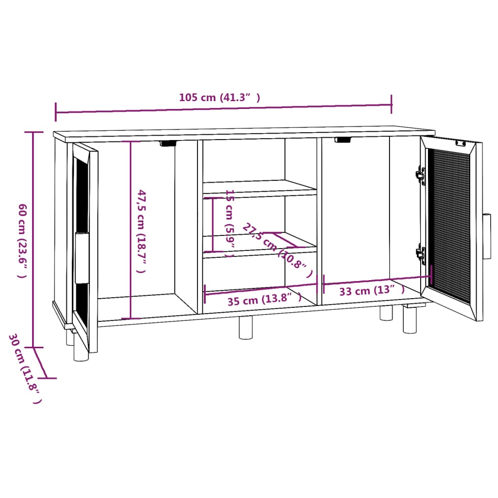 vidaXL Buffet blanc 105x30x60 cm bois de pin massif et rotin naturel