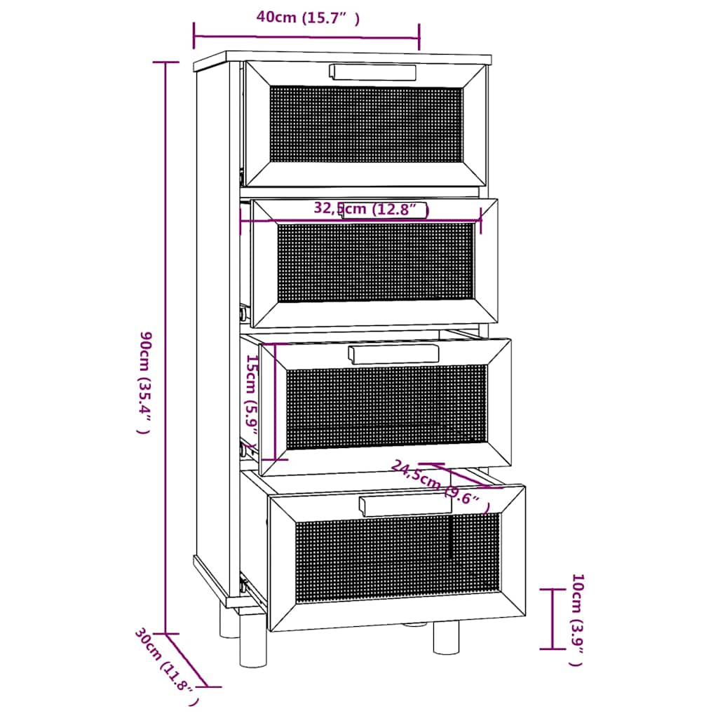 vidaXL Buffet Blanc 40x30x90 cm Bois de pin massif et rotin naturel
