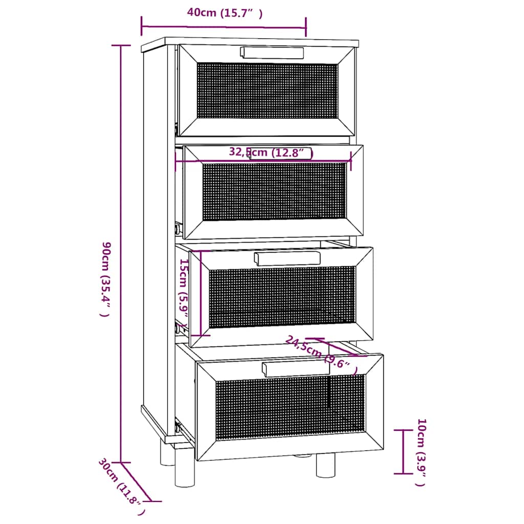 vidaXL Buffet noir 40x30x90 cm Bois de pin massif et rotin naturel