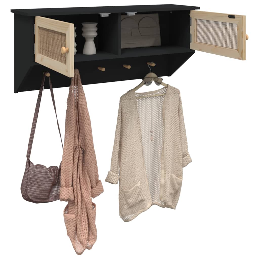 vidaXL Wandgarderobe Schwarz Holzwerkstoff und Rattan Natur