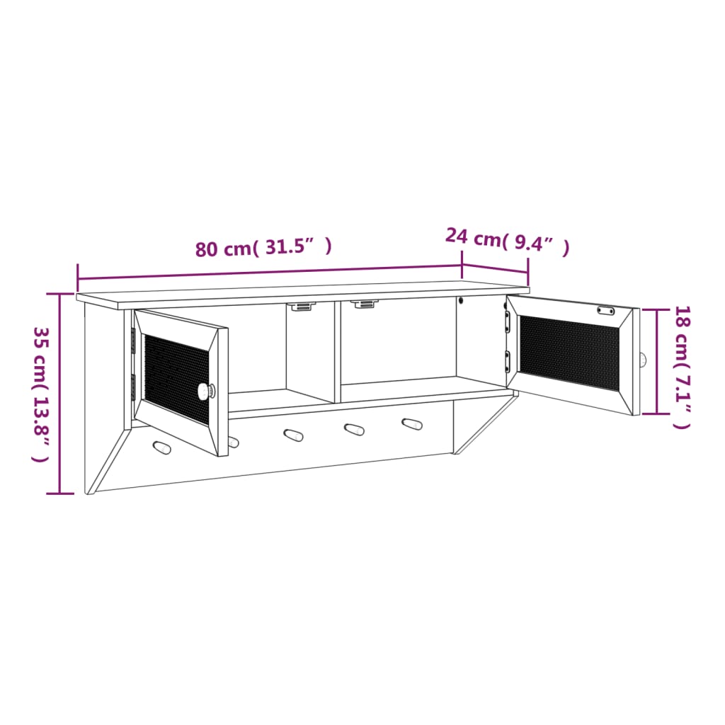 vidaXL Wandgarderobe Schwarz Holzwerkstoff und Rattan Natur