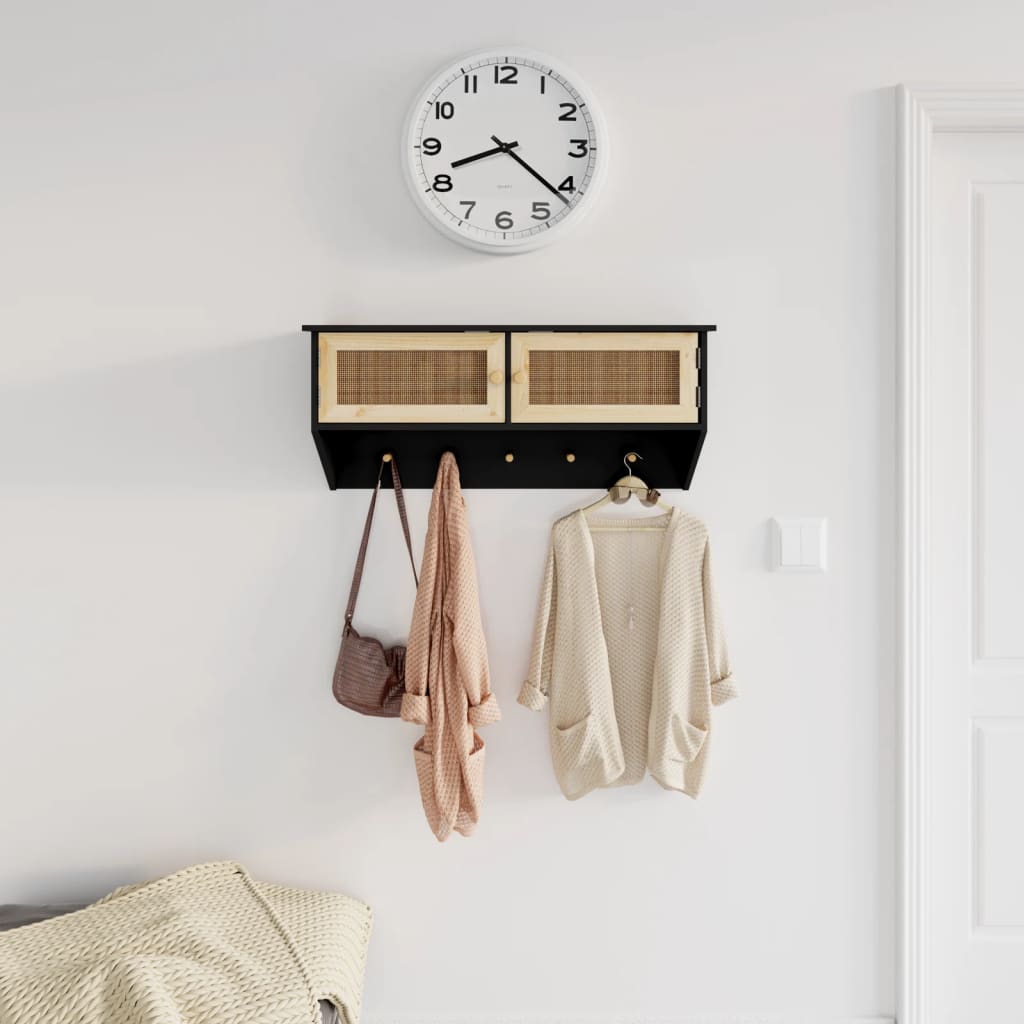 vidaXL Wandgarderobe Schwarz Holzwerkstoff und Rattan Natur