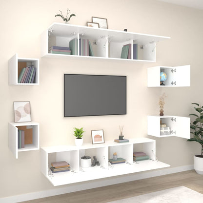 vidaXL Meuble TV, 8 pcs, Blanc, Bois d'ingénierie