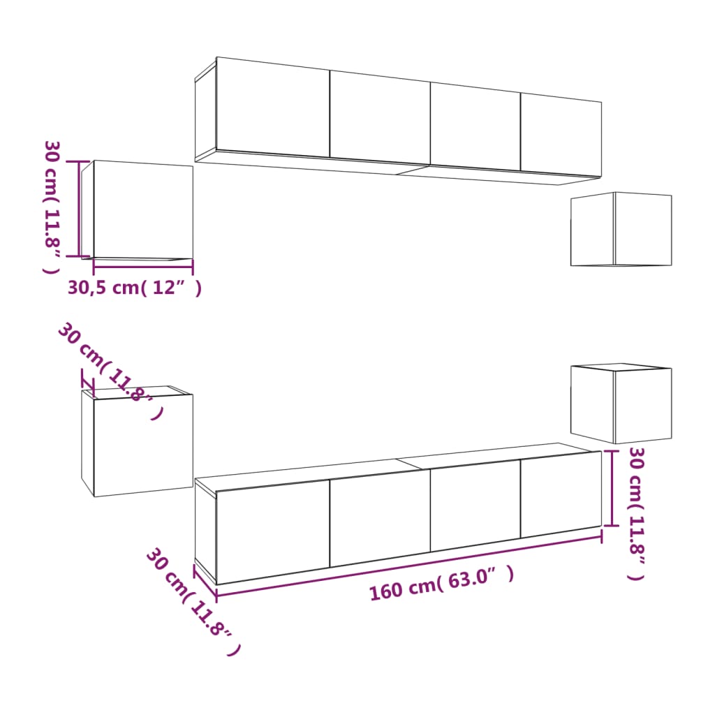 vidaXL Meuble TV, 8 pcs, Blanc, Bois d'ingénierie