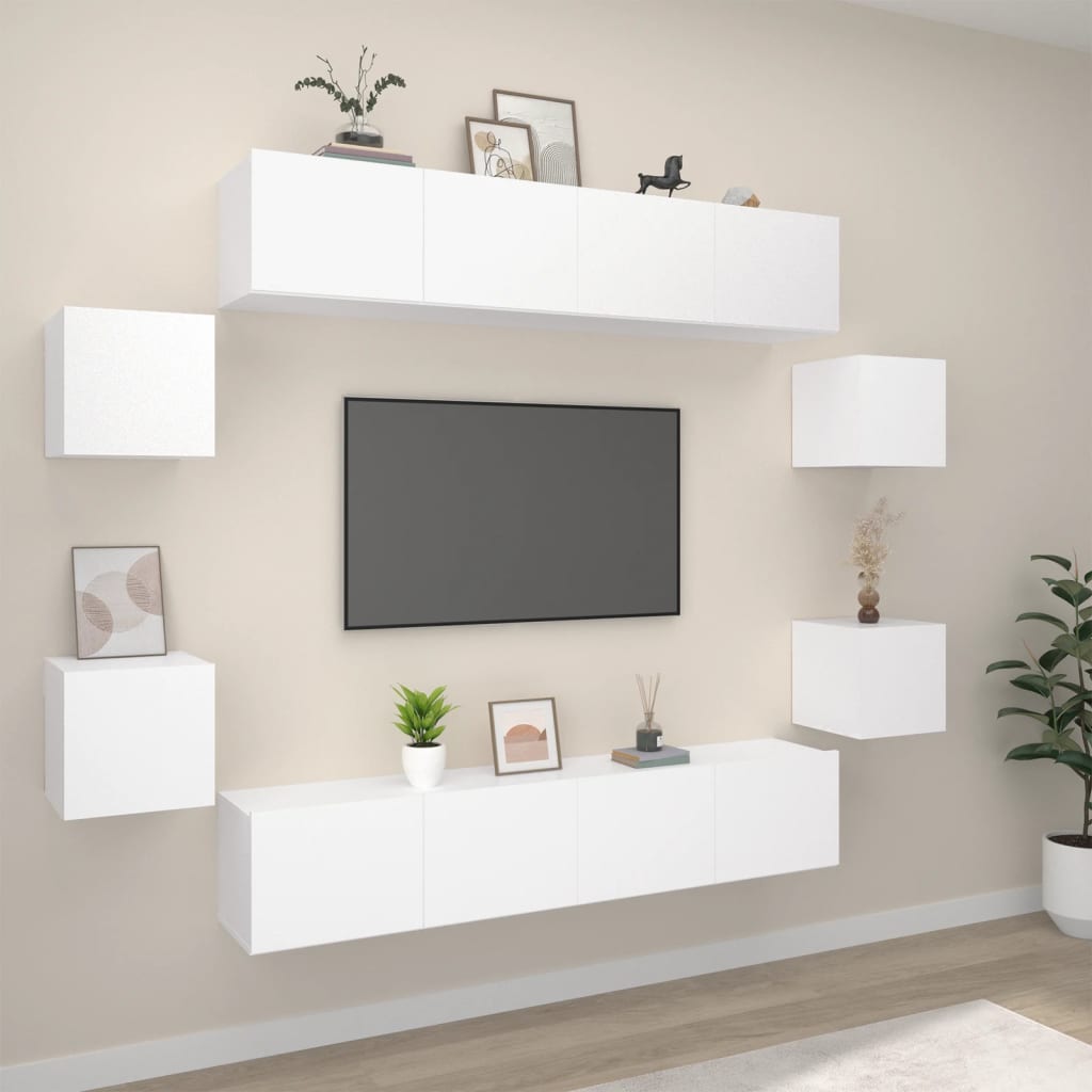 vidaXL Meuble TV, 8 pcs, Blanc, Bois d'ingénierie