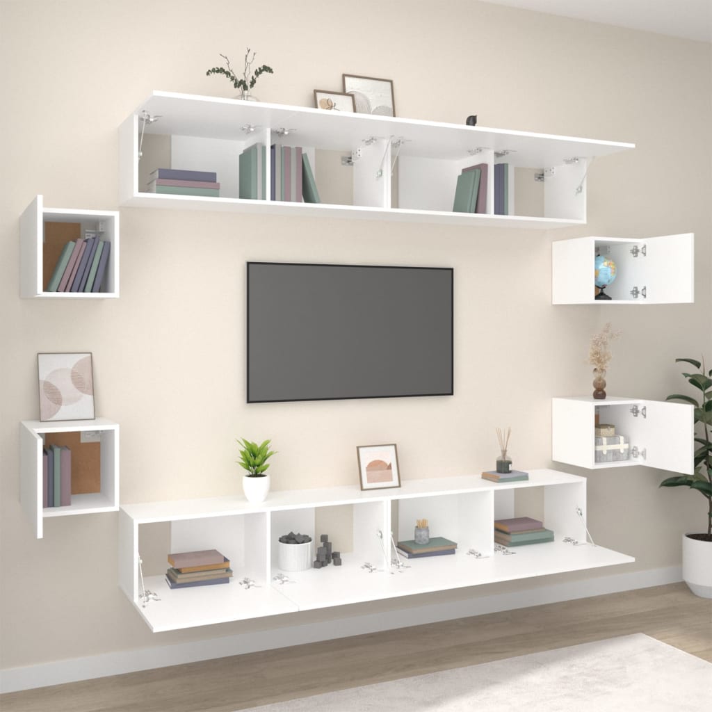 vidaXL Meuble TV, 8 pcs, Blanc, Bois d'ingénierie